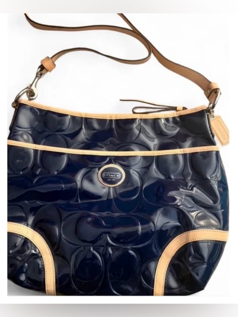 COACH Navy Glossy Leather Shoulder Bag with Tan Trim